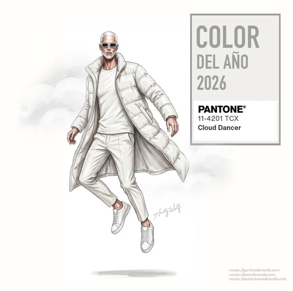 El color del año 2026 Cloud Dancer en diseño de moda hombre
